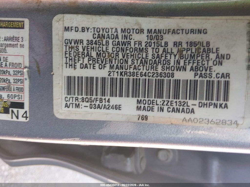 2T1KR38E64C236308 2004 TOYOTA MATRIX photo no. 9