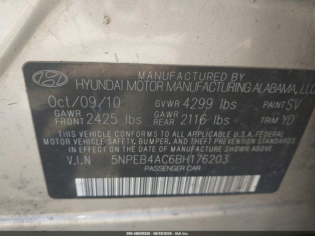 5NPEB4AC6BH176203 2011 HYUNDAI SONATA photo no. 9