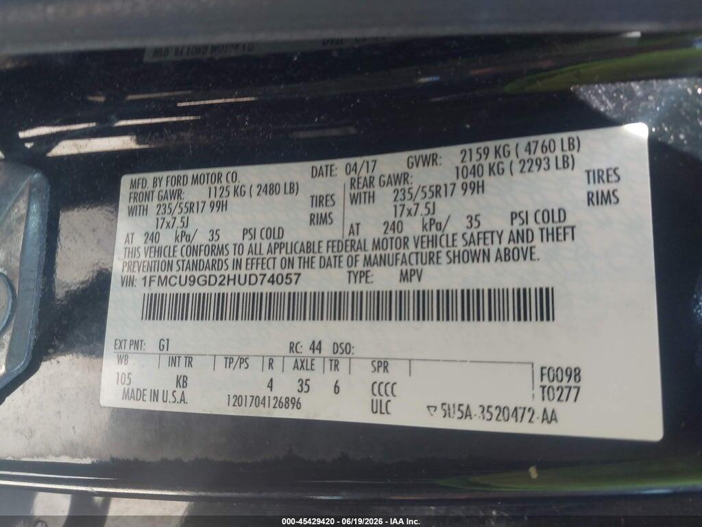 1FMCU9GD2HUD74057 2017 FORD ESCAPE photo no. 9