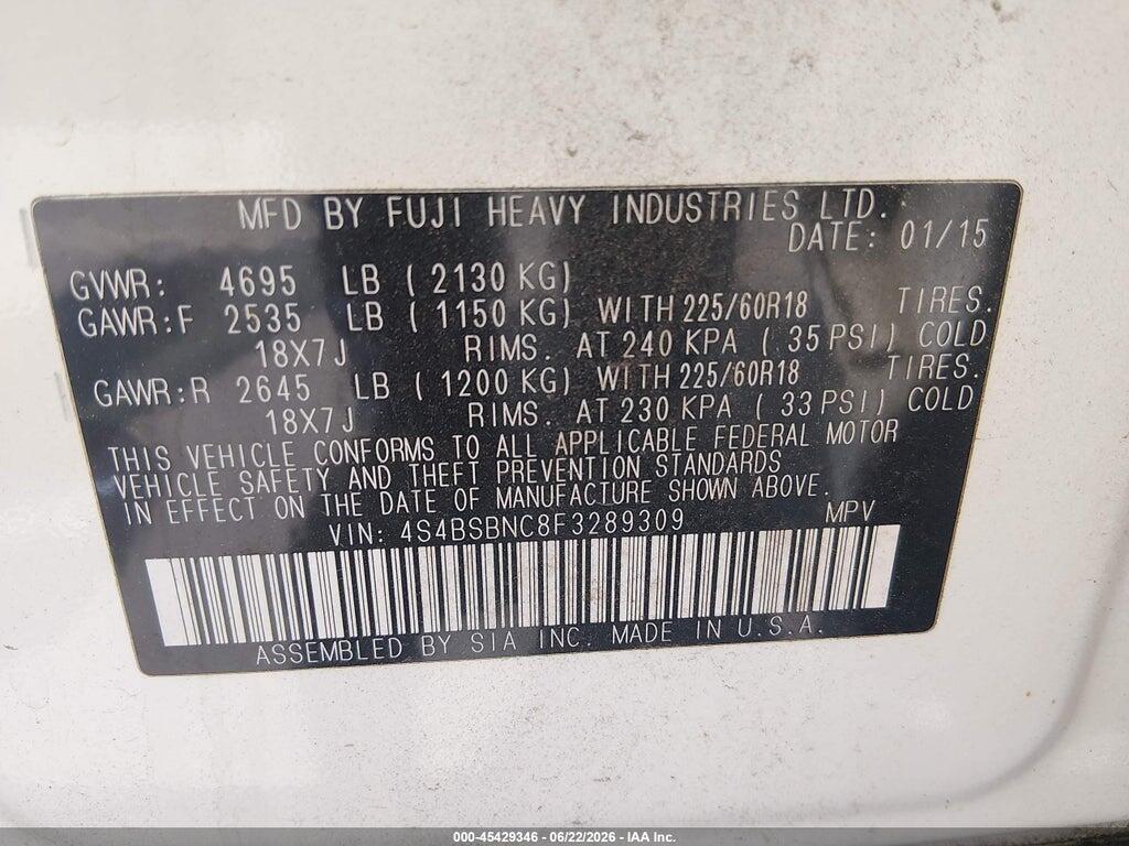 4S4BSBNC8F3289309 2015 SUBARU OUTBACK photo no. 9