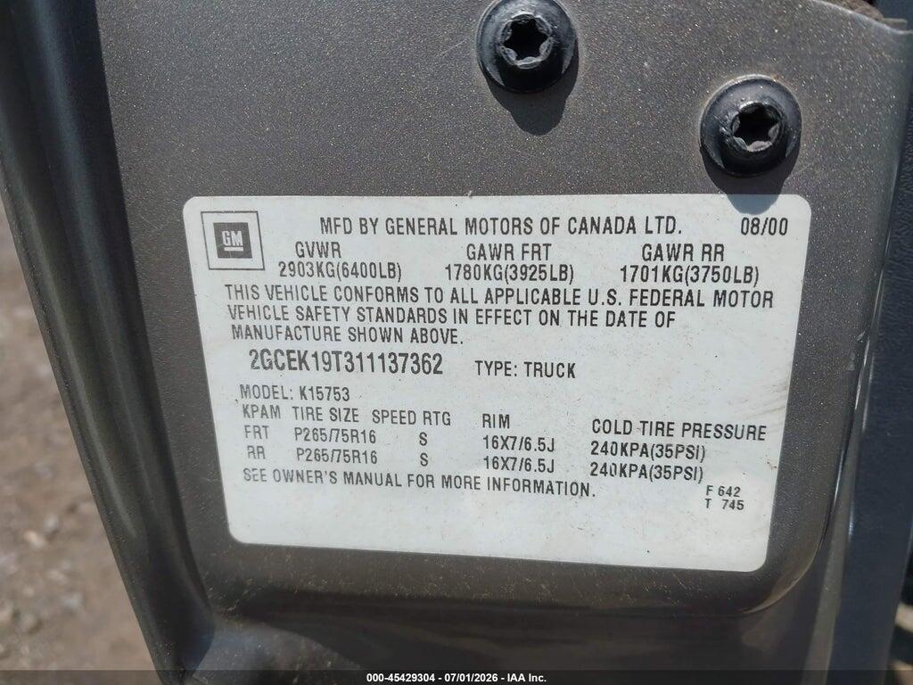 2GCEK19T311137362 2001 CHEVROLET SILVERADO 1500 photo no. 9