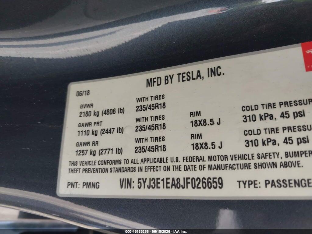 5YJ3E1EA8JF026659 2018 TESLA MODEL 3 photo no. 9
