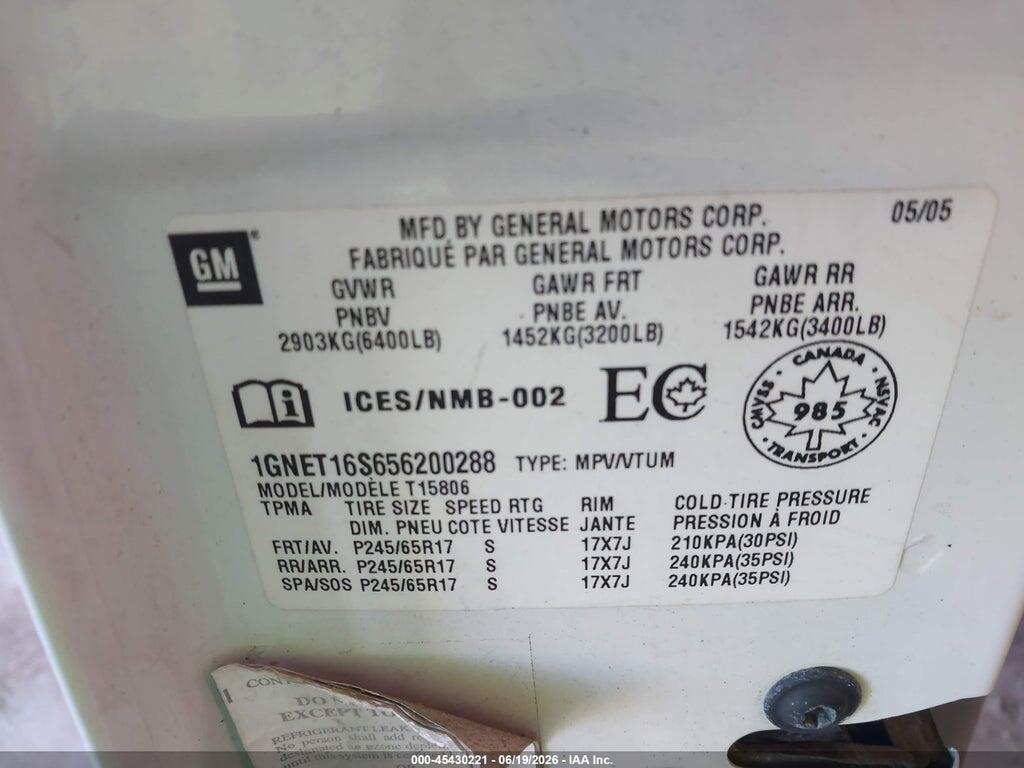 1GNET16S656200288 2005 CHEVROLET TRAILBLAZER EXT photo no. 9