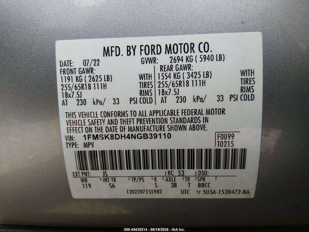 1FMSK8DH4NGB39110 2022 FORD EXPLORER photo no. 9