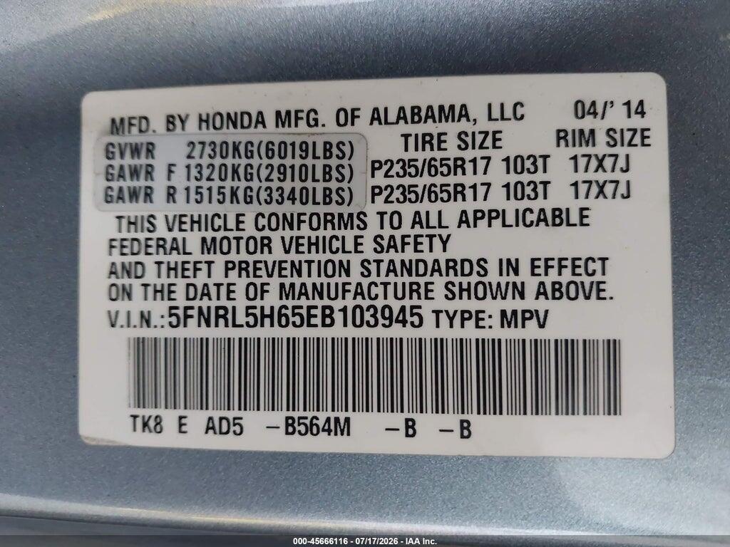 5FNRL5H65EB103945 2014 HONDA ODYSSEY photo no. 9