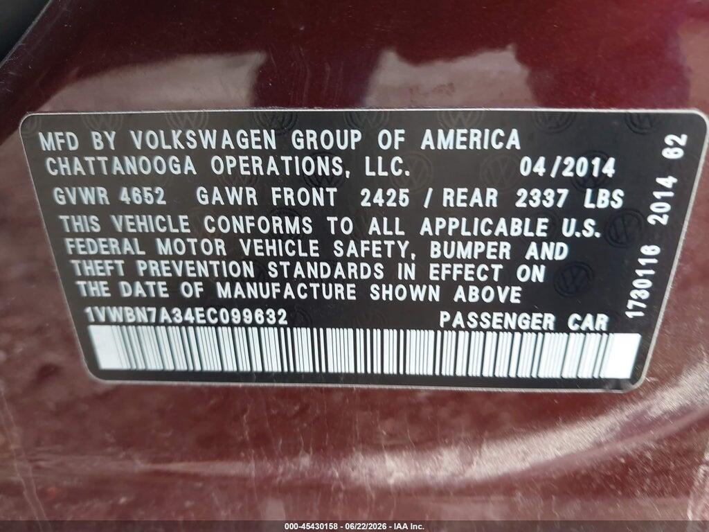 1VWBN7A34EC099632 2014 VOLKSWAGEN PASSAT photo no. 9