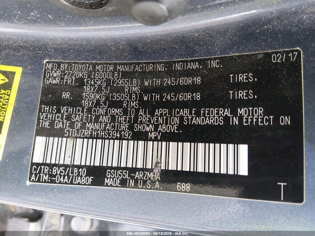 5TDJZRFH1HS394192 2017 TOYOTA HIGHLANDER photo no. 9