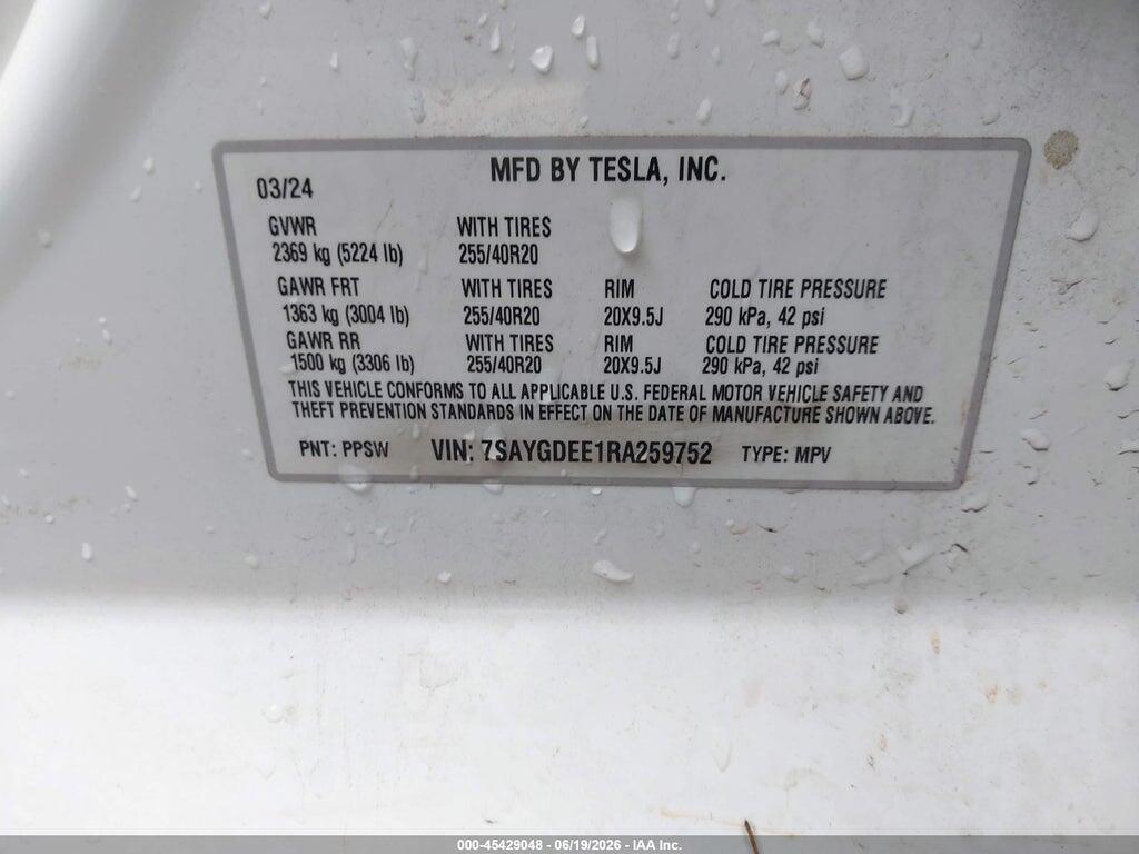 7SAYGDEE1RA259752 2024 TESLA MODEL Y photo no. 9