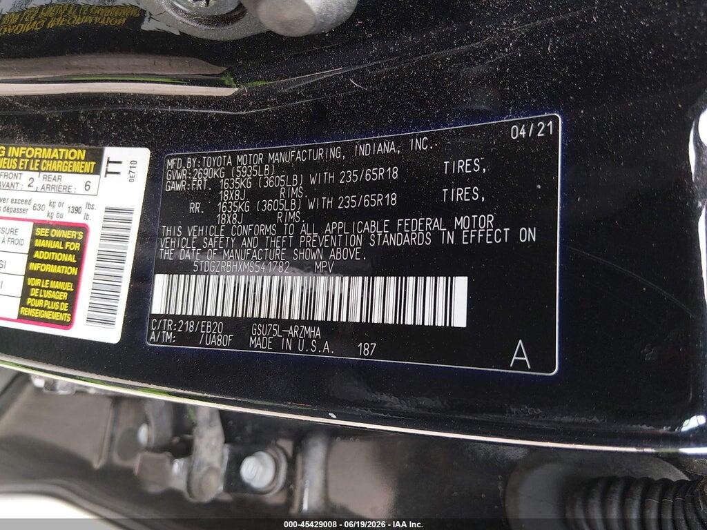 5TDGZRBHXMS541782 2021 TOYOTA HIGHLANDER photo no. 9