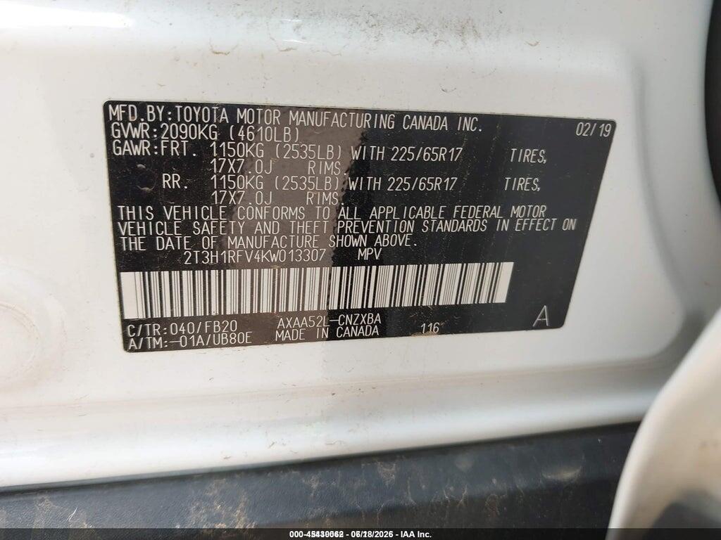 2T3H1RFV4KW013307 2019 TOYOTA RAV4 photo no. 9