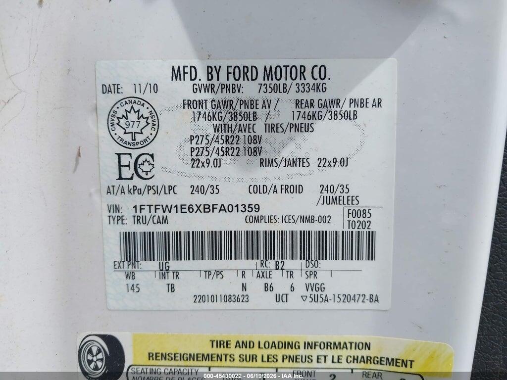 1FTFW1E6XBFA01359 2011 FORD F-150 photo no. 9