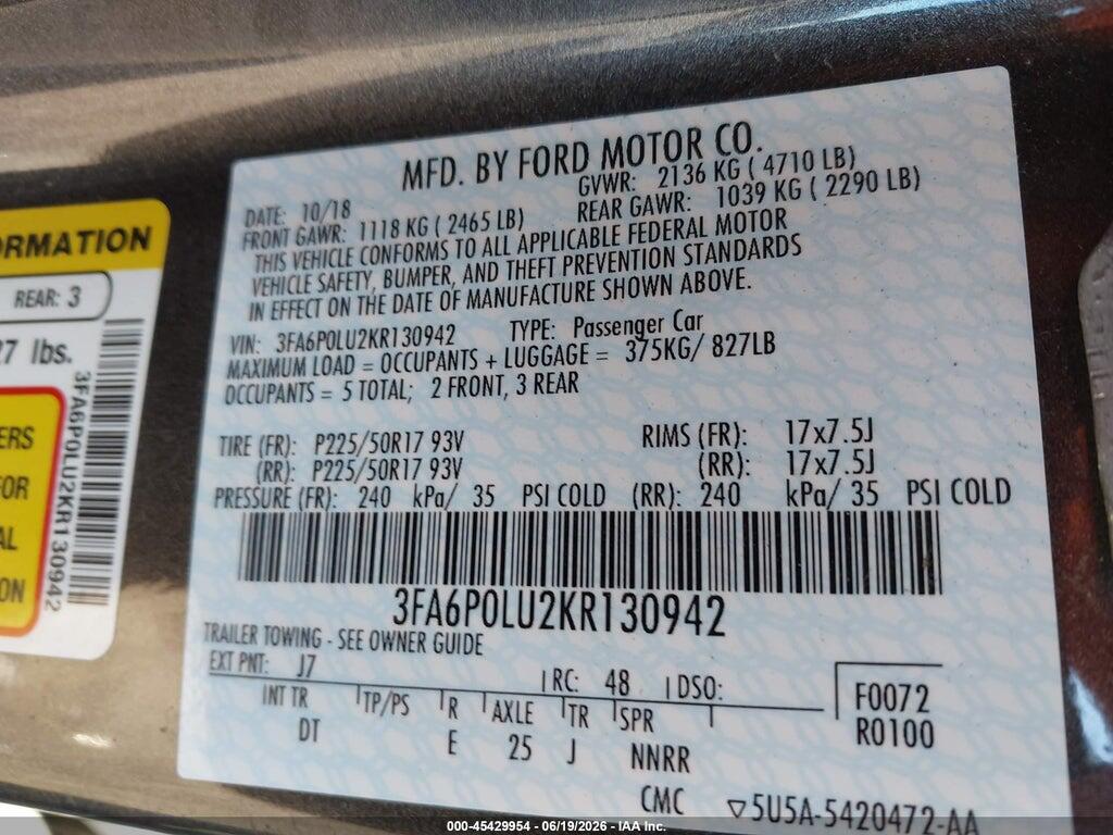 3FA6P0LU2KR130942 2019 FORD FUSION HYBRID photo no. 9