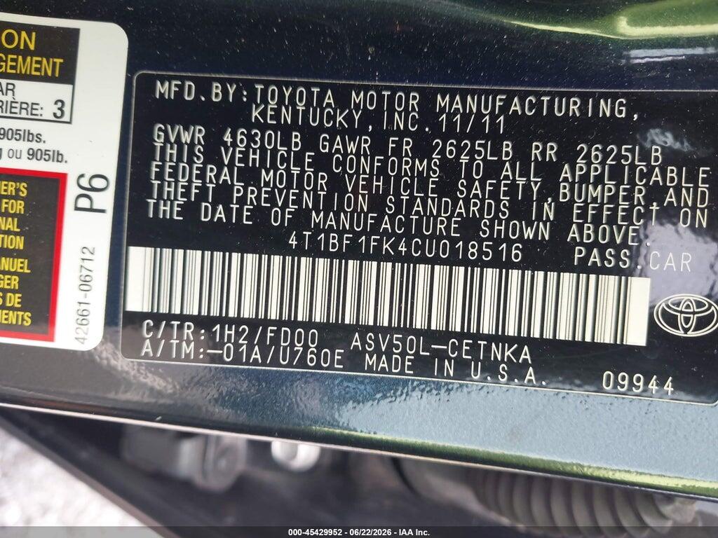 4T1BF1FK4CU018516 2012 TOYOTA CAMRY photo no. 9