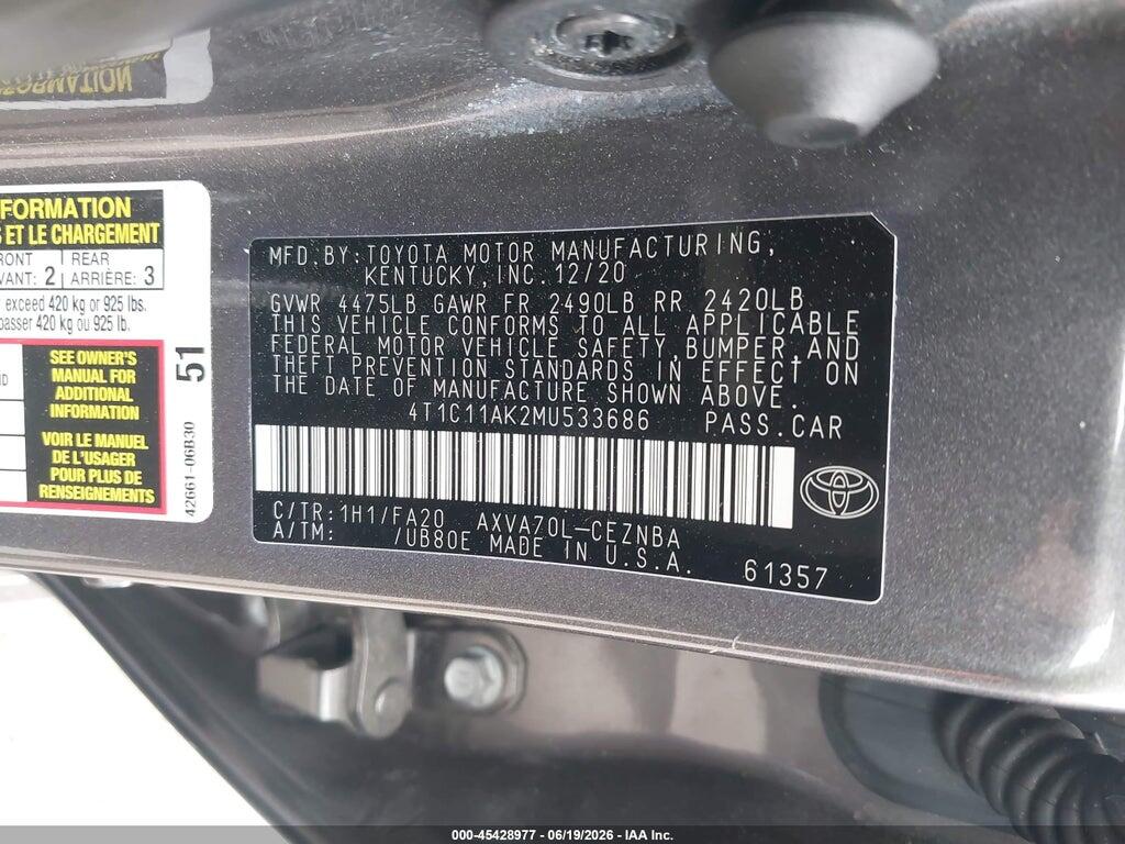 4T1C11AK2MU533686 2021 TOYOTA CAMRY photo no. 9
