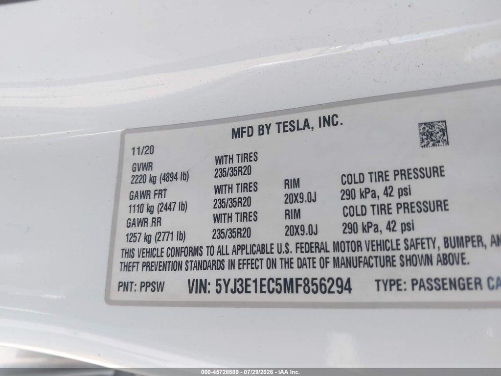 5YJ3E1EC5MF856294 2021 TESLA MODEL 3 photo no. 9