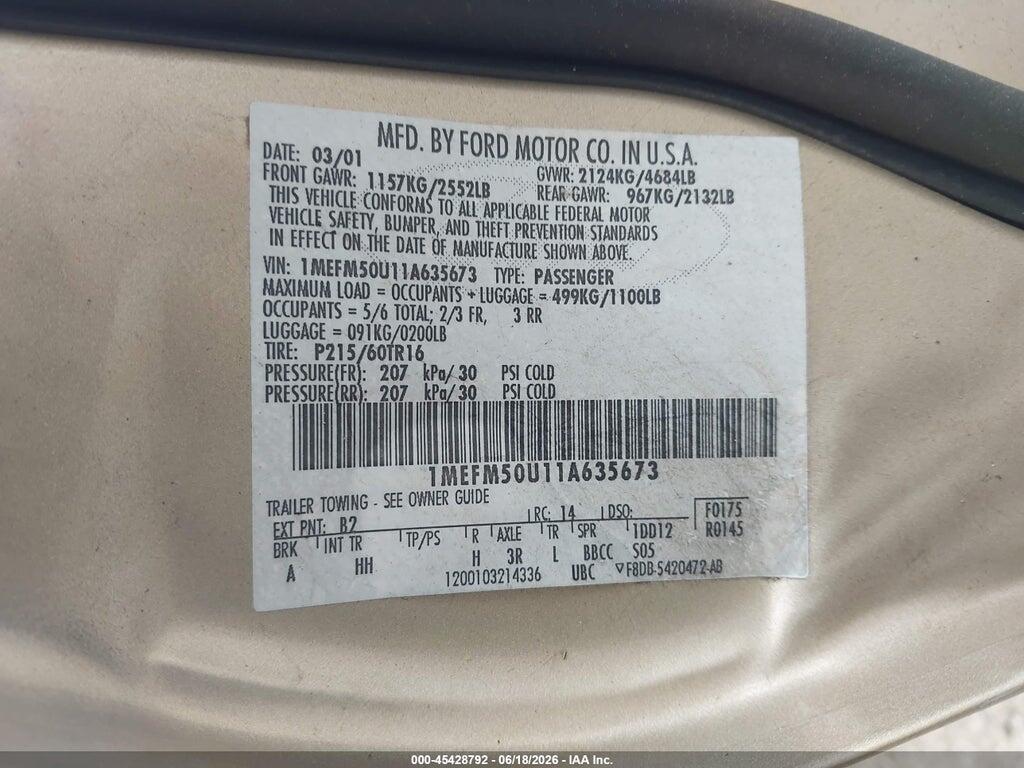 1MEFM50U11A635673 2001 MERCURY SABLE photo no. 9