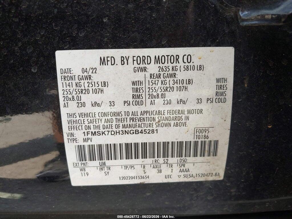 1FMSK7DH3NGB45281 2022 FORD EXPLORER photo no. 9