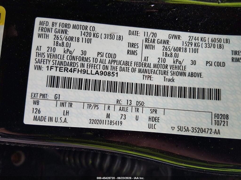 1FTER4FH9LLA90851 2020 FORD RANGER photo no. 9