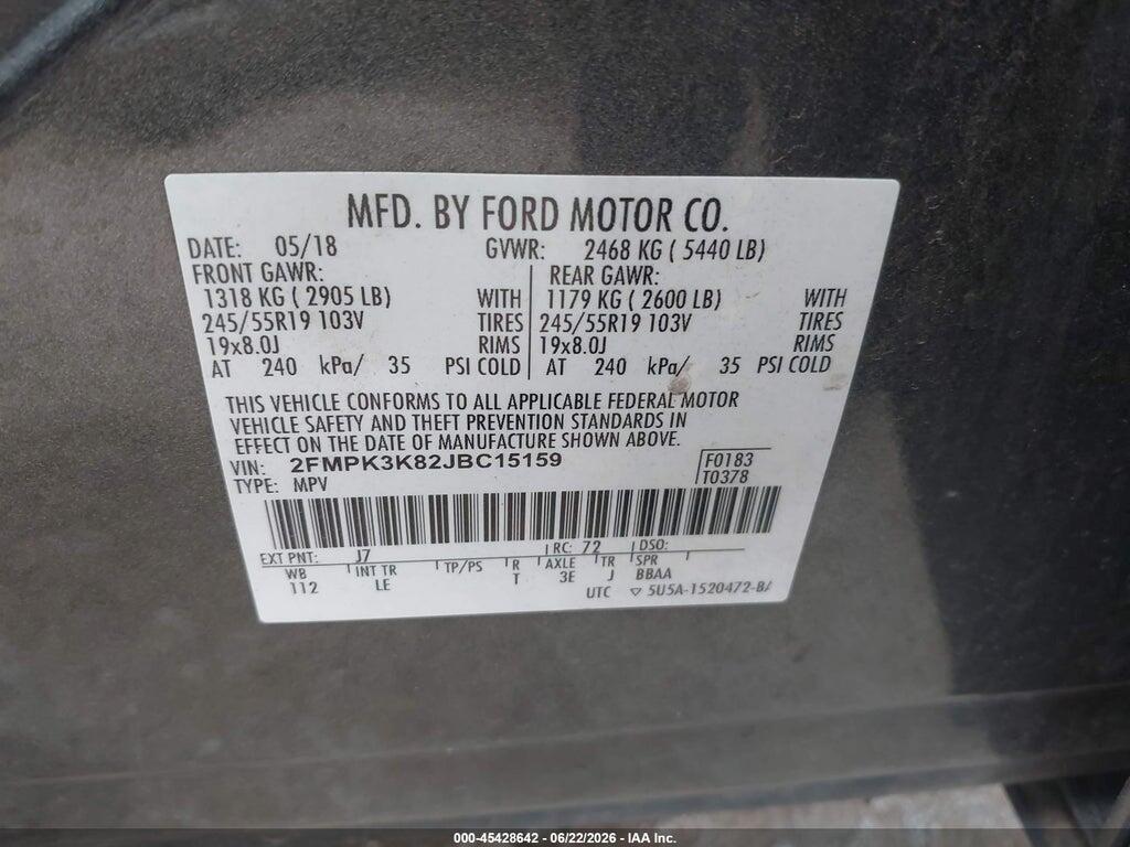 2FMPK3K82JBC15159 2018 FORD EDGE photo no. 9