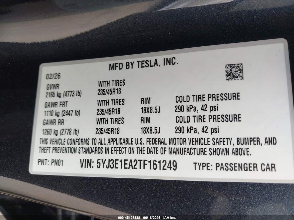 5YJ3E1EA2TF161249 2026 TESLA MODEL 3 photo no. 9