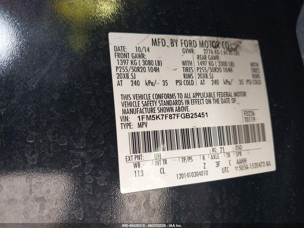 1FM5K7F87FGB25451 2015 FORD EXPLORER photo no. 9