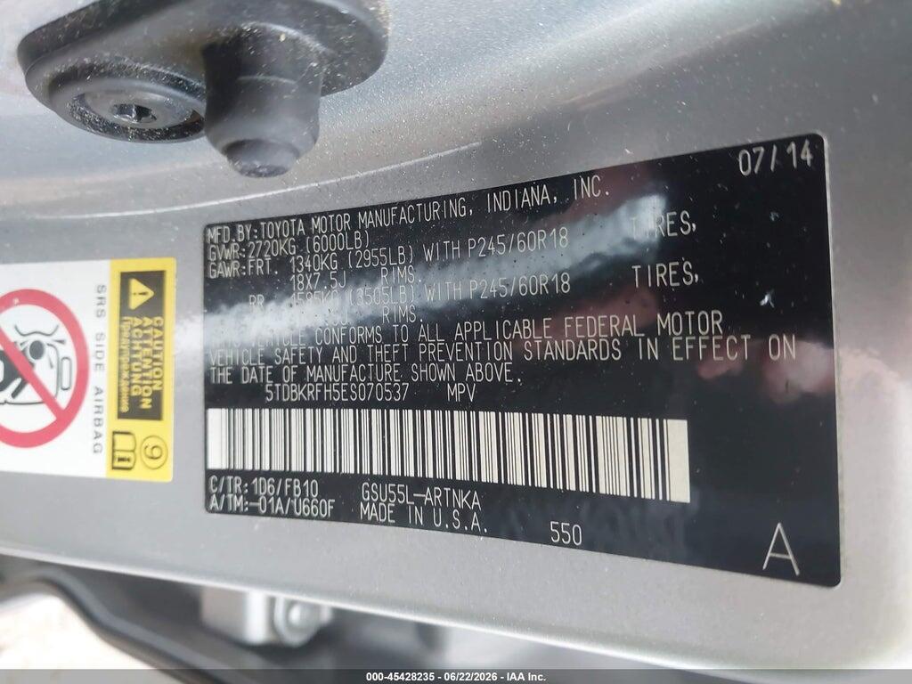 5TDBKRFH5ES070537 2014 TOYOTA HIGHLANDER photo no. 9