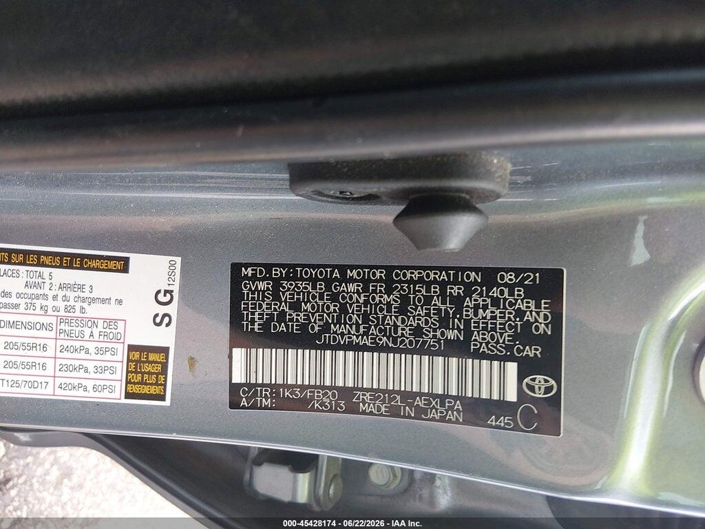 JTDVPMAE9NJ207751 2022 TOYOTA COROLLA photo no. 9
