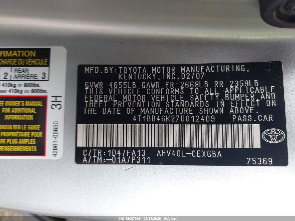 4T1BB46K27U012409 2007 TOYOTA CAMRY HYBRID photo no. 9