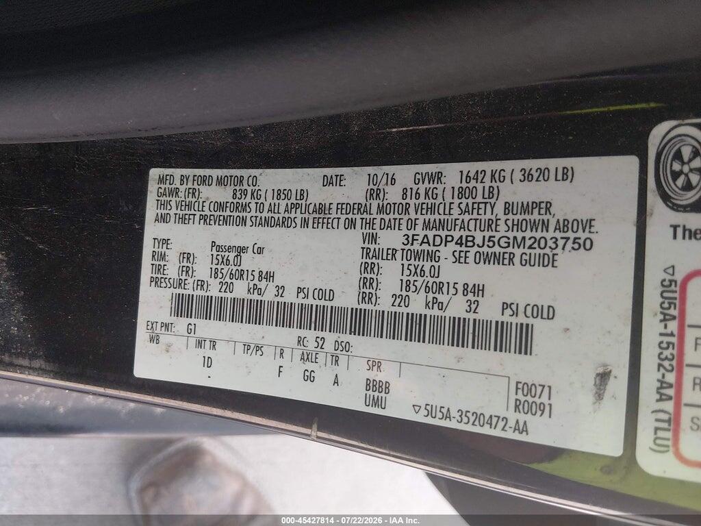 3FADP4BJ5GM203750 2016 FORD FIESTA photo no. 9