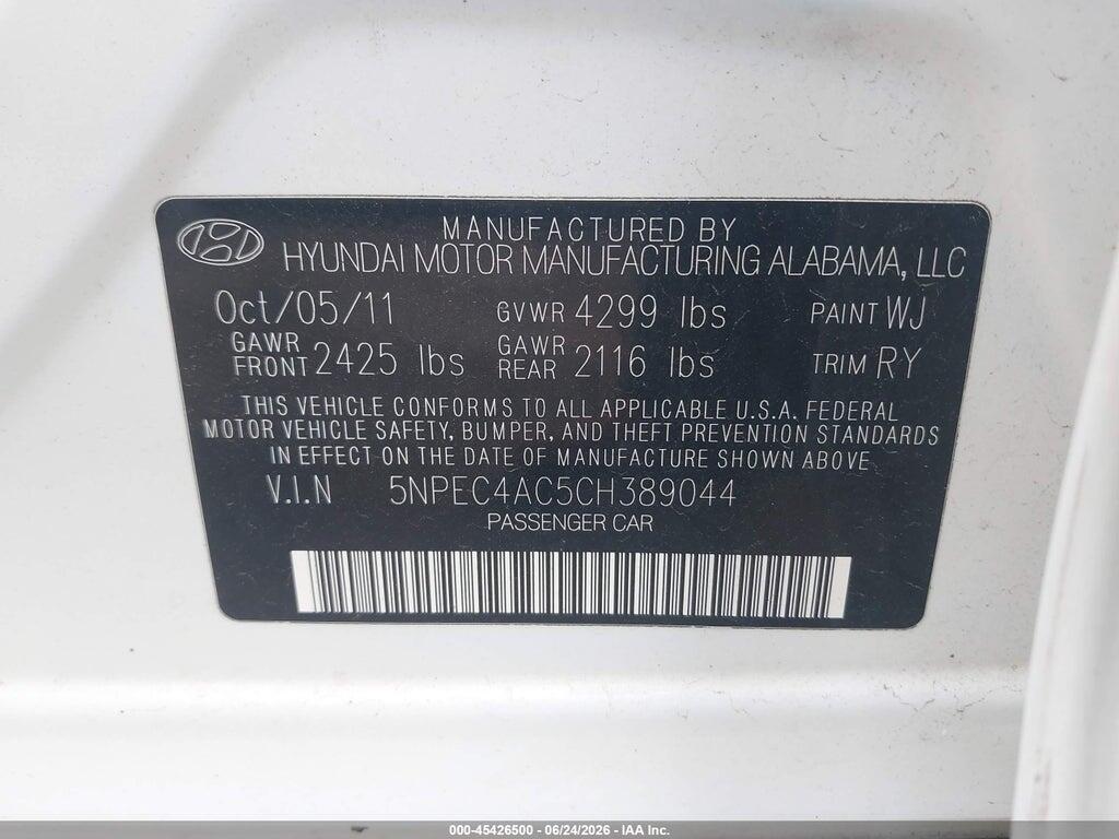 5NPEC4AC5CH389044 2012 HYUNDAI SONATA photo no. 9