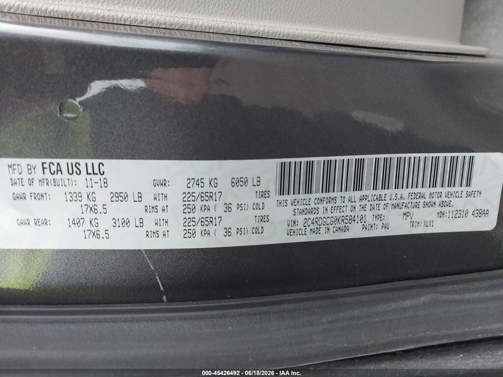 2C4RDGCG0KR584101 2019 DODGE GRAND CARAVAN photo no. 9