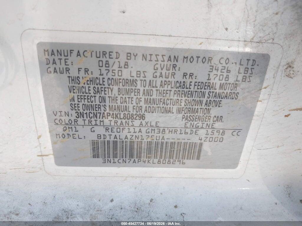 3N1CN7AP4KL808296 2019 NISSAN VERSA photo no. 9