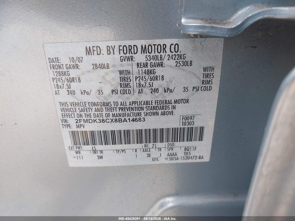 2FMDK38CX8BA14683 2008 FORD EDGE photo no. 9