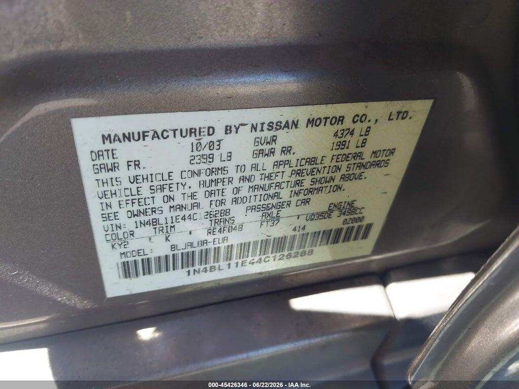 1N4BL11E44C126288 2004 NISSAN ALTIMA photo no. 9