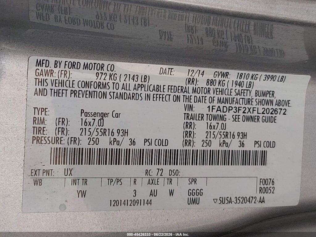 1FADP3F2XFL202672 2015 FORD FOCUS photo no. 9