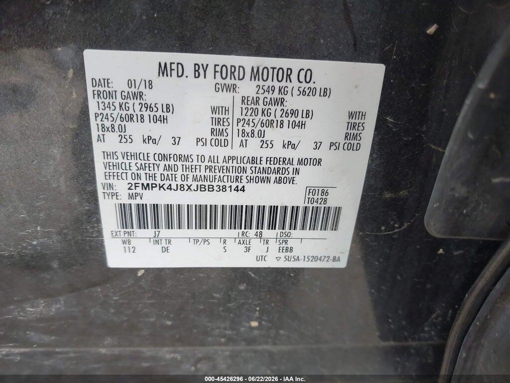 2FMPK4J8XJBB38144 2018 FORD EDGE photo no. 9