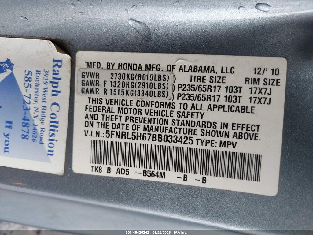 5FNRL5H67BB033425 2011 HONDA ODYSSEY photo no. 9