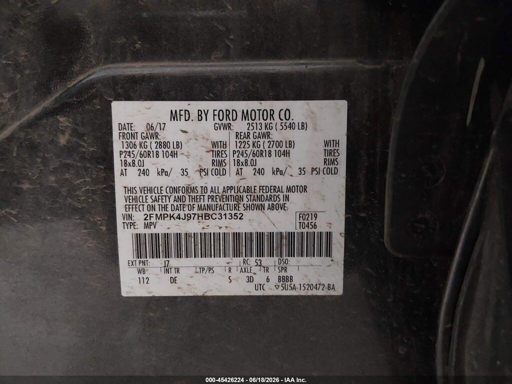 2FMPK4J97HBC31352 2017 FORD EDGE photo no. 9