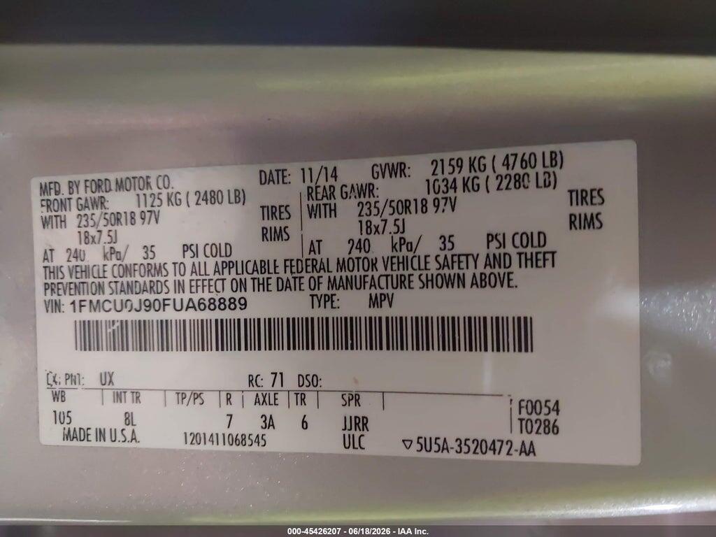 1FMCU0J90FUA68889 2015 FORD ESCAPE photo no. 9