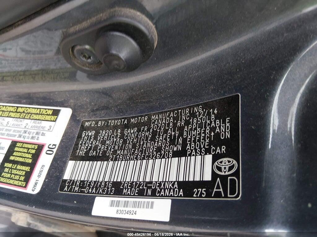 2T1BURHE6FC326708 2015 TOYOTA COROLLA photo no. 9