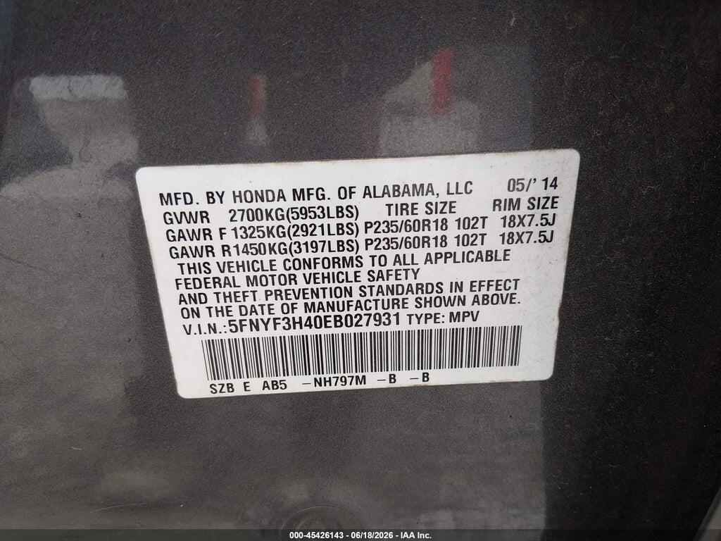 5FNYF3H40EB027931 2014 HONDA PILOT photo no. 9
