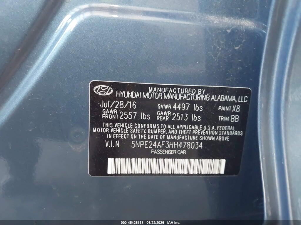 5NPE24AF3HH478034 2017 HYUNDAI SONATA photo no. 9