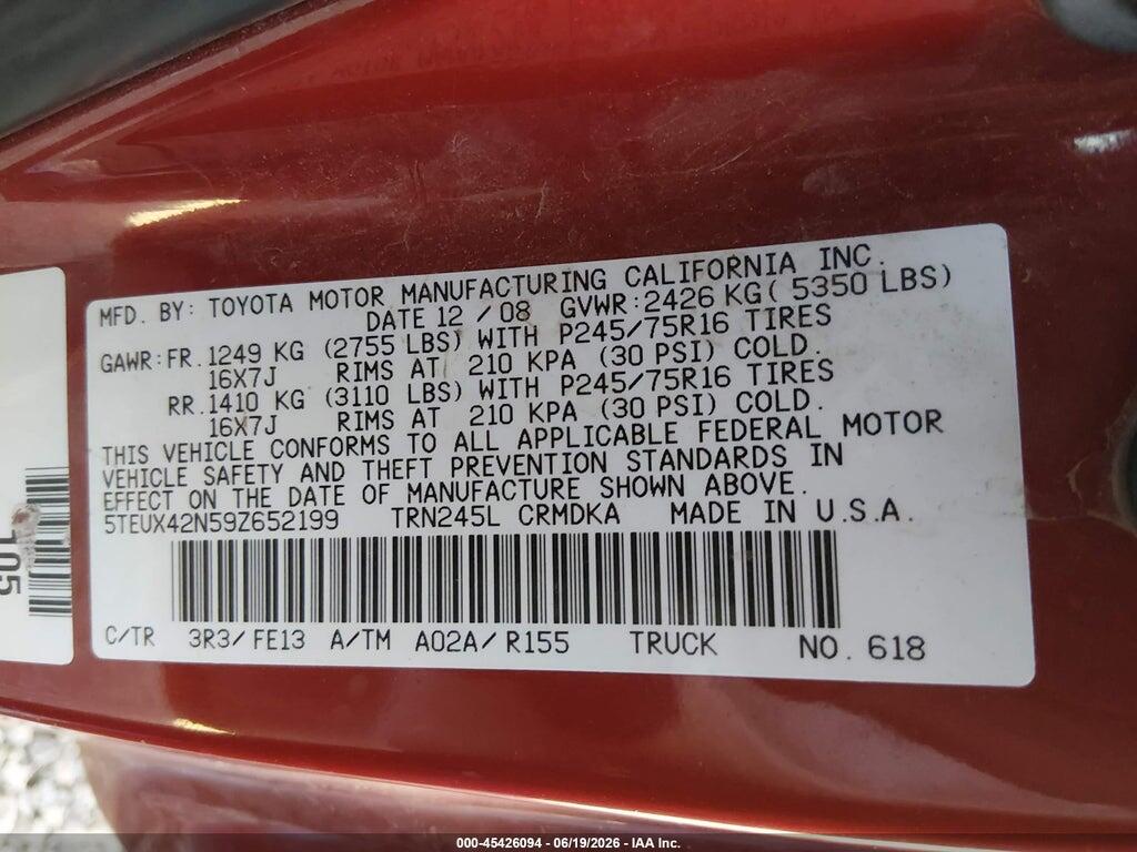 5TEUX42N59Z652199 2009 TOYOTA TACOMA photo no. 9