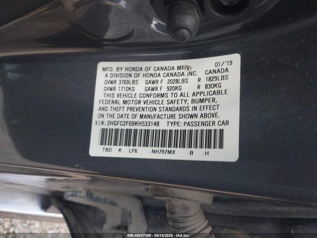 2HGFC2F69KH533148 2019 HONDA CIVIC photo no. 9