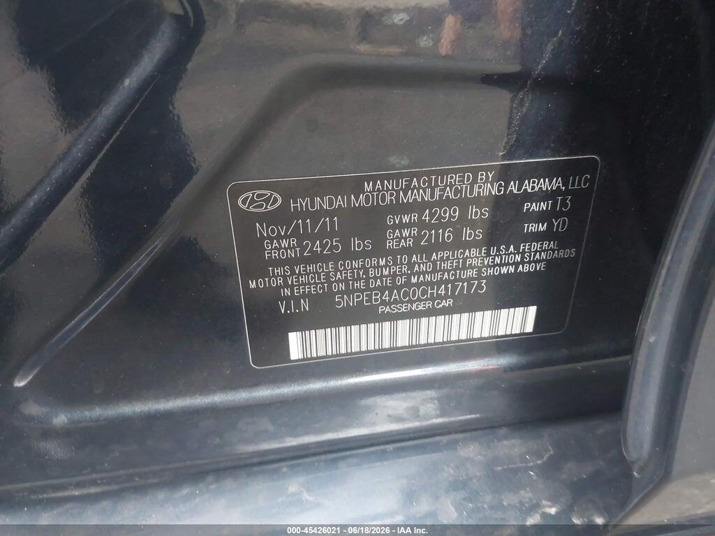 5NPEB4AC0CH417173 2012 HYUNDAI SONATA photo no. 9
