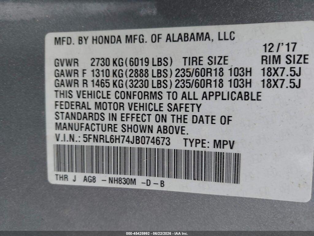 5FNRL6H74JB074673 2018 HONDA ODYSSEY photo no. 9