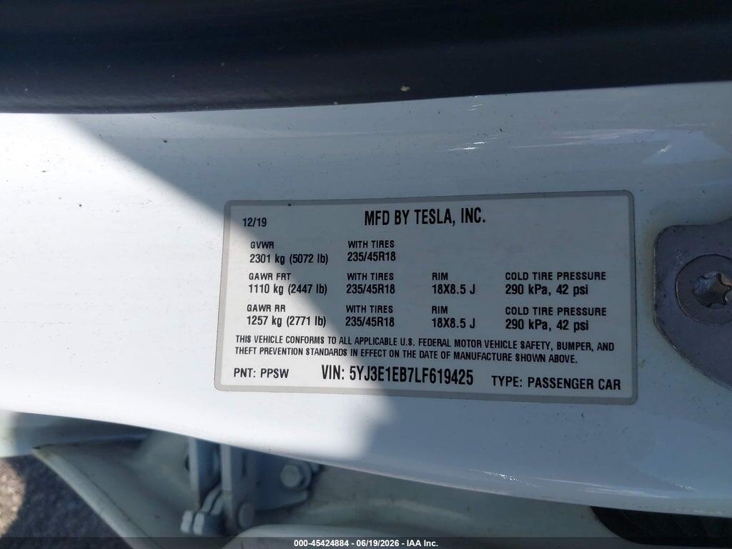 5YJ3E1EB7LF619425 2020 TESLA MODEL 3 photo no. 9