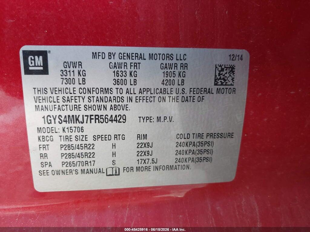 1GYS4MKJ7FR564429 2015 CADILLAC ESCALADE photo no. 9