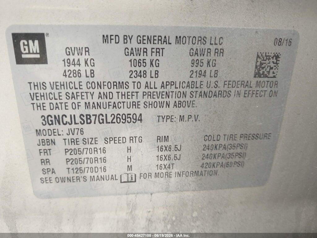 3GNCJLSB7GL269594 2016 CHEVROLET TRAX photo no. 9