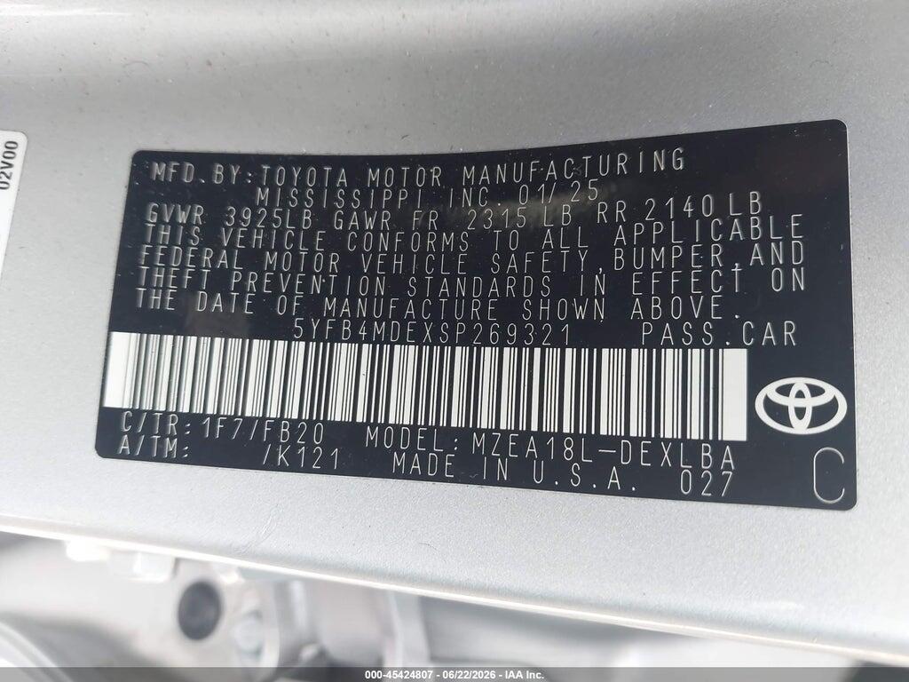5YFB4MDEXSP269321 2025 TOYOTA COROLLA photo no. 9